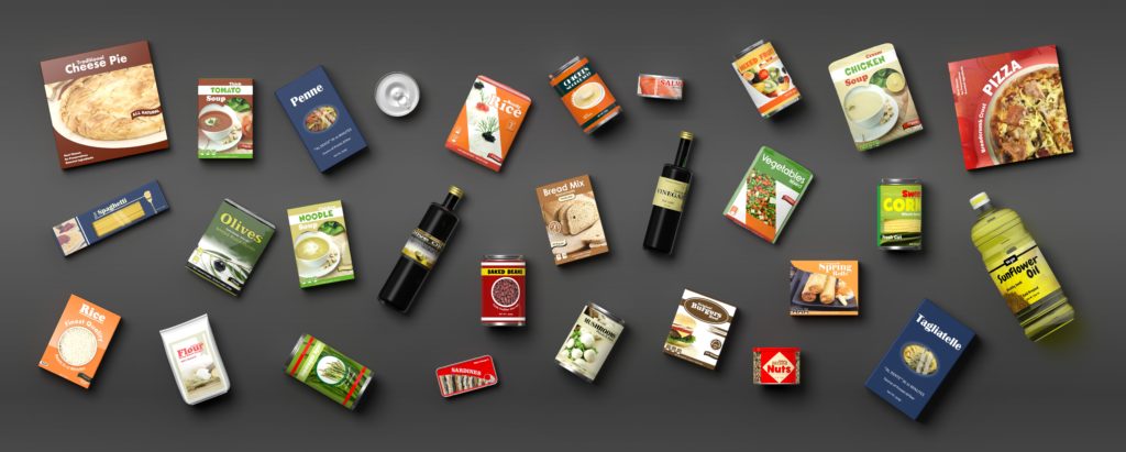 Collection of packaged food on grey background