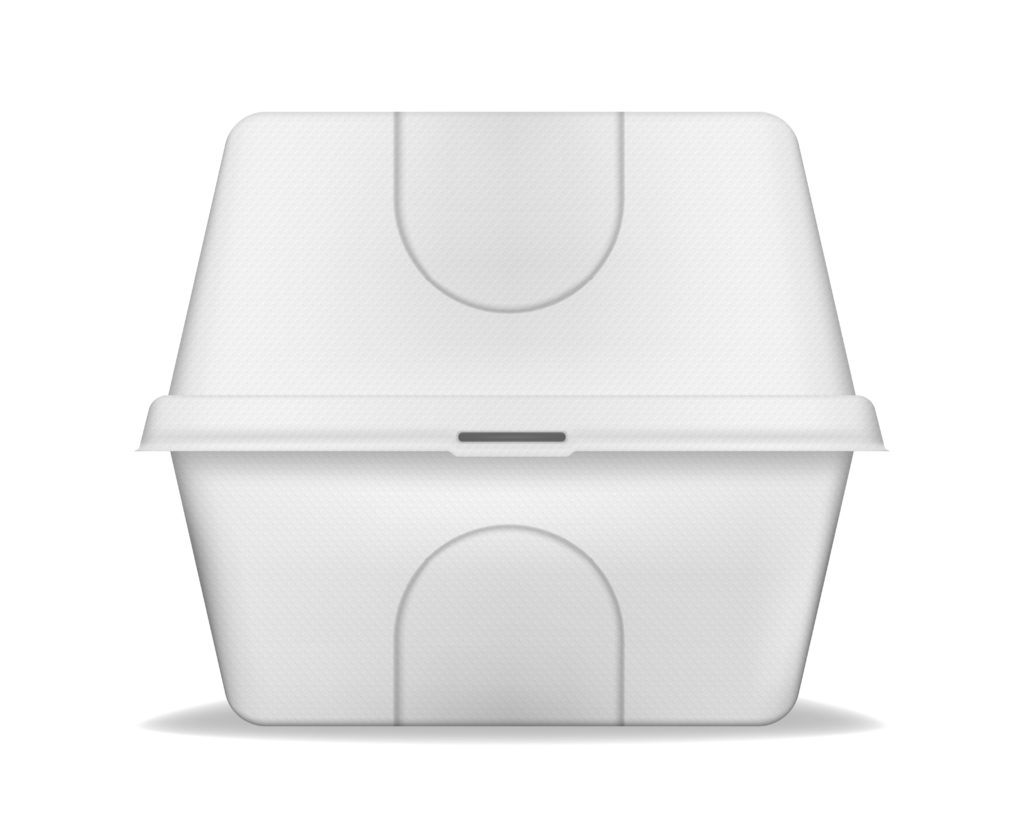 Takeout food container with clamshell hinged lid, realistic vector mockup. Disposable carry out lunch box, mock-up. White blank natural, plant-based eco package template.